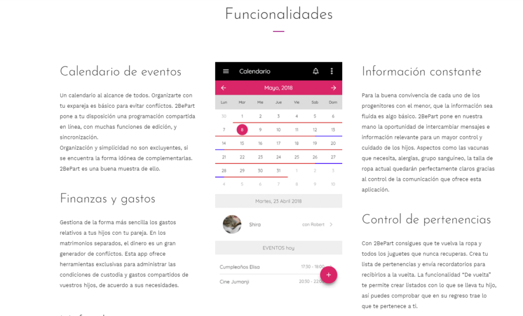 Algunas de las diferentes funcionalidades que tiene la app '2BePart'